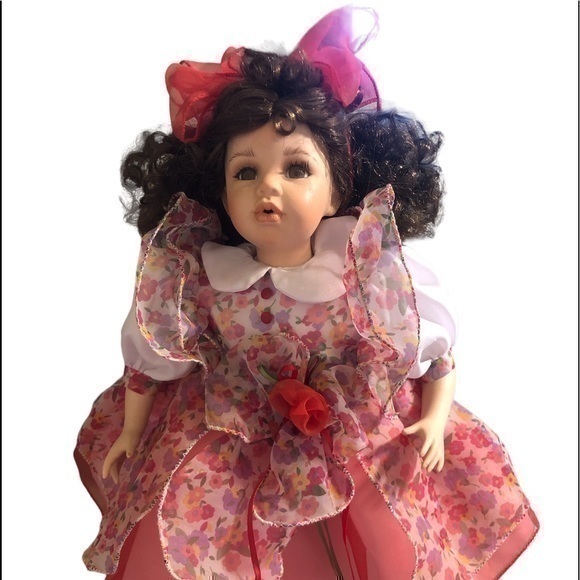 Big beautiful 20” porcelain doll in a red floral dress - Picture 1 of 3
